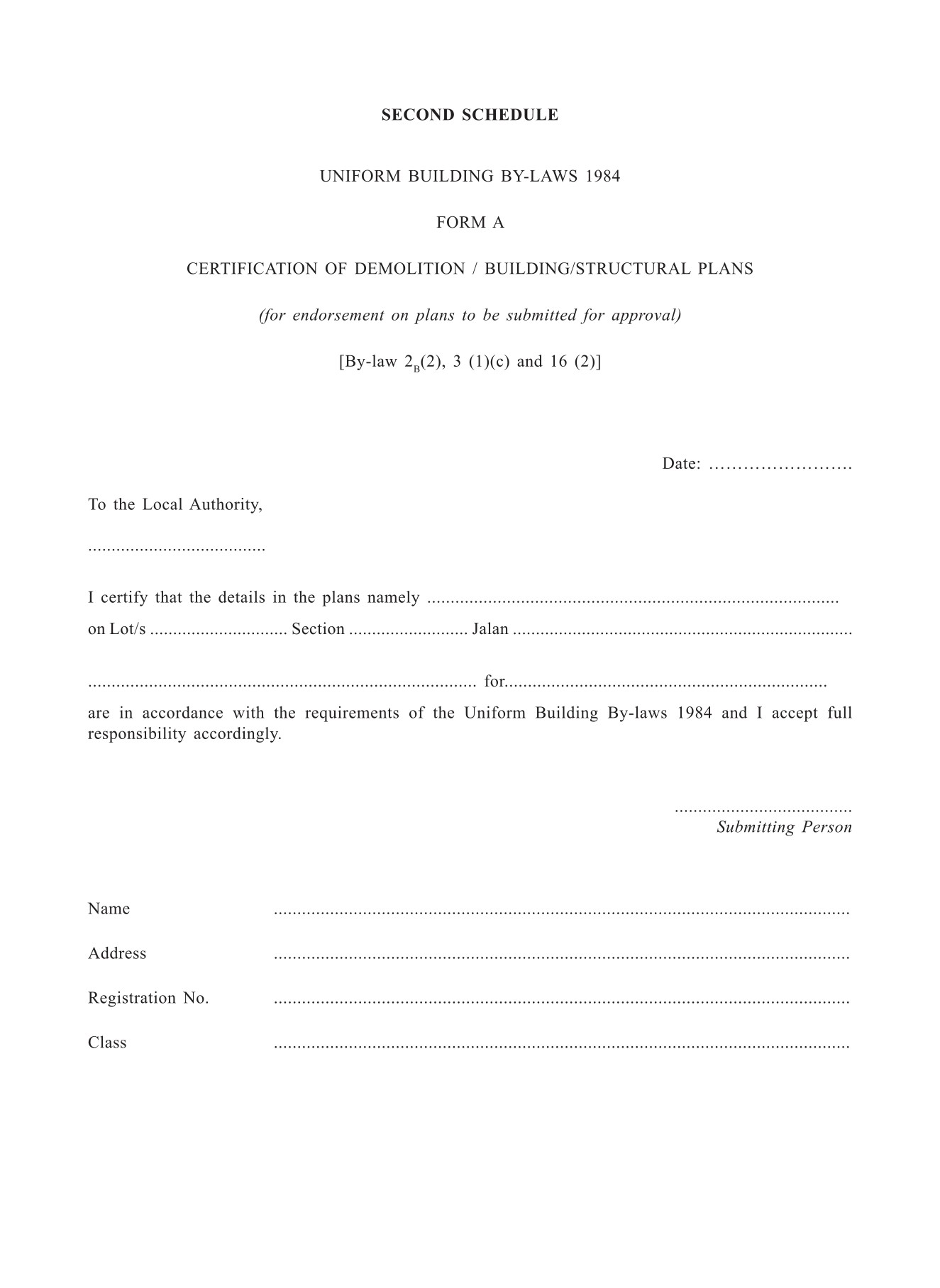 Form A Certification of Demolition / Buildings/Structural Plans 